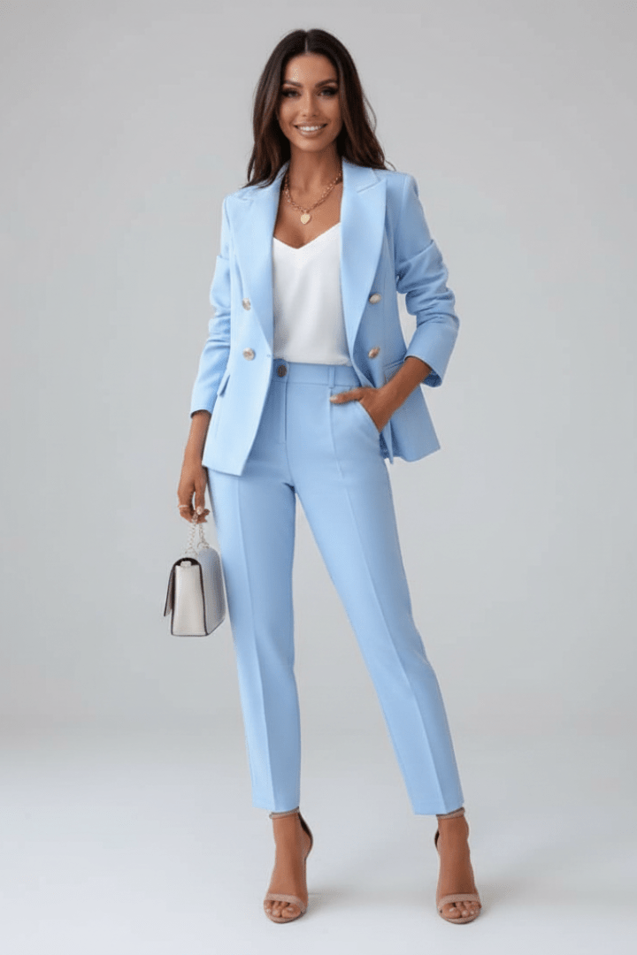 Women's Suit Set featuring a tailored buttoned jacket and straight-leg trousers, designed for elegant professional attire, crafted from high-quality fabric for comfort and style. 0